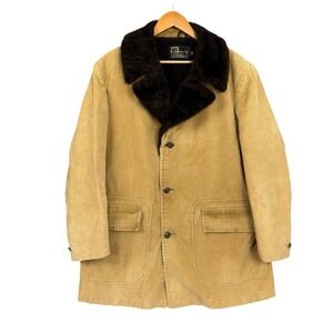 Vintage Sears Coat Mens 46 Beige Corduroy Faux Fur Collar Lined 70s Overcoat